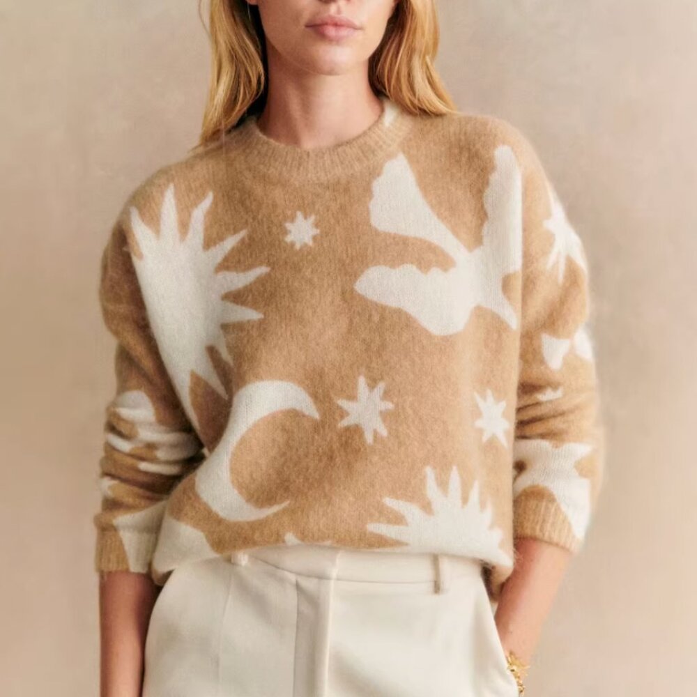 Sézane Pangea Camel and Cream Star & Moon Pattern Sweater - Picture 2 of 7